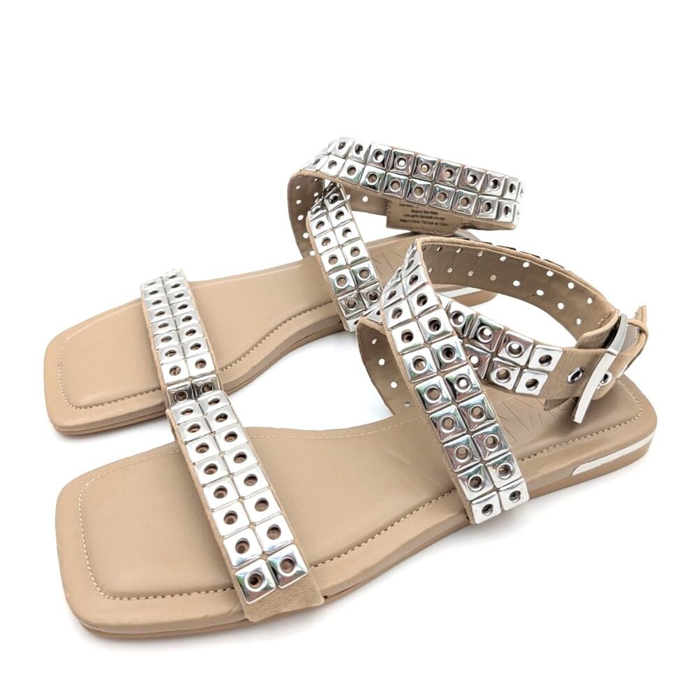 DKNY Flat Studded Buckle Square Toe Sandal Women's Tan Size US6M EU36B